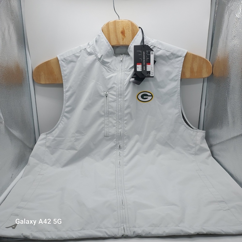 Antigua Mens Green Bay Packers Brisk Wind Vest Stone Gray L 105684 NWT